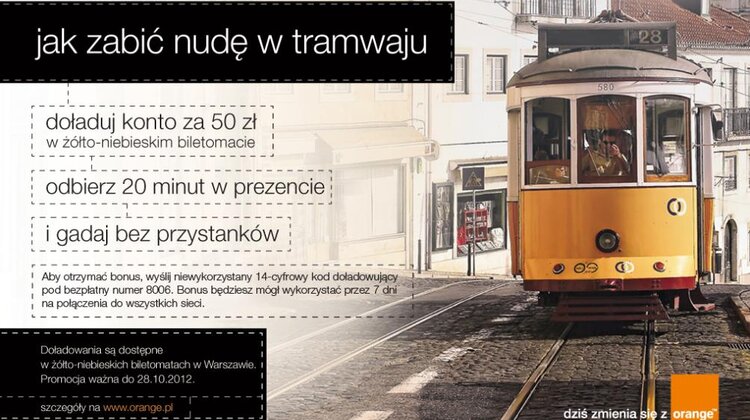 Gadaj bez przystanków, czyli ekstra minuty od Orange w automatach ASEC nowe produkty, usługi, technologie - Łap okazję i doładuj do 28 października 2012r. konto w Orange na kwotę 50 złotych w żółto-niebieskich biletomatach Warszawskiej Karty Miejskiej operatora ASEC S.A. a otrzymasz  specjalny prezent. Jaki? Bonus w postaci dodatkowych 20 minut