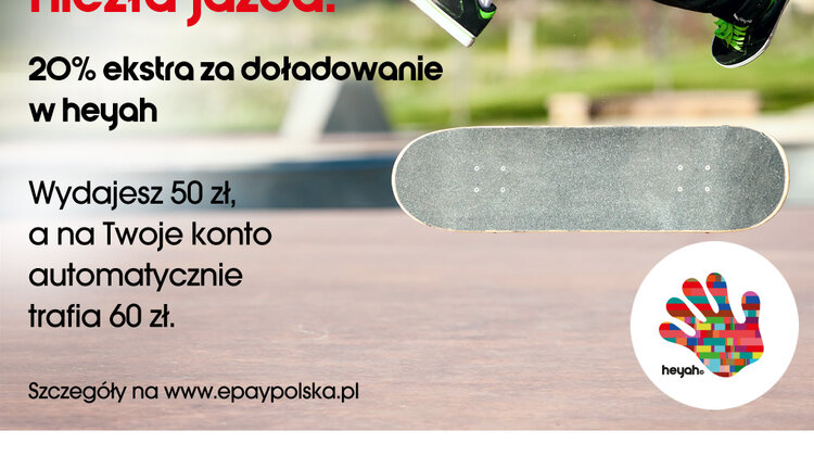 Niezła jazda w HEYAH nowe produkty, usługi, technologie - epay Polska  wraz z siecią telefonii komórkowej HEYAH zgotowały niezłą jazdę swoim użytkownikom. Od 16 listopada uzupełniając konto doładowaniem HEYAH o nominale 50 złotych w żółto-niebieskim biletomacie WKM w sieci doładowań ASEC S.A. abonent otrzyma 20 procent tej kwoty gratis. Promocja potrwa do końca grudnia b.r.