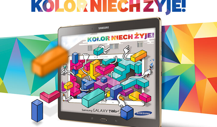 ,,Kolor niech żyje” czyli niestandardowa kampania Samsung GALAXY Tab S nowe produkty, usługi, technologie - ,,Kolor niech żyje” to główne hasło kampanii promującej najnowszy model tabletu firmy Samsung GALAXY Tab S – urządzenia oferującego wyjątkowo szeroki zakres nasyconych i wyraźnych kolorów. Kampania obejmuje swoim zasięgiem zarówno telewizję, Internet jak i działania niestandardowe.