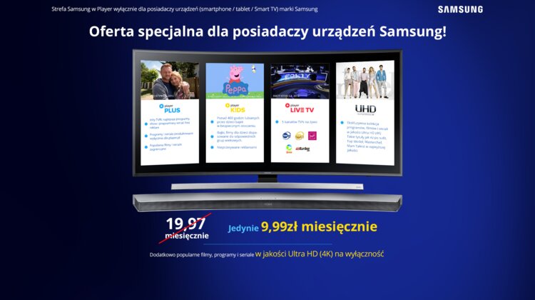 Samsung sponsorem serialu i strategicznym partnerem Player.pl nowe produkty, usługi, kultura, sztuka, rozrywka - Samsung Electronics Polska, lider rynku urządzeń mobilnych i serwis Player.pl, zawarły strategiczne partnerstwo, w ramach którego użytkownicy urządzeń mobilnych i Smart TV marki Samsung, otrzymają dostęp do treści VoD na preferencyjnych warunkach. Samsung Electronics Polska został również sponsorem internetowego serialu Web Therapy, pierwszego wyprodukowanego specjalnie dla platformy Player.pl.