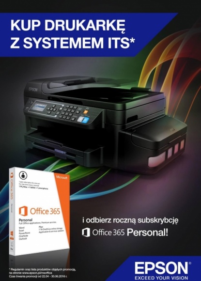 Drukarka Epson… z MS Office 365 w standardzie BIZNES, IT i technologie - Firma Epson uruchomiła nową promocję, która szczególnie powinna zainteresować osoby planujące zakup drukarek wyposażonych w system stałego zasilania w atrament ITS.