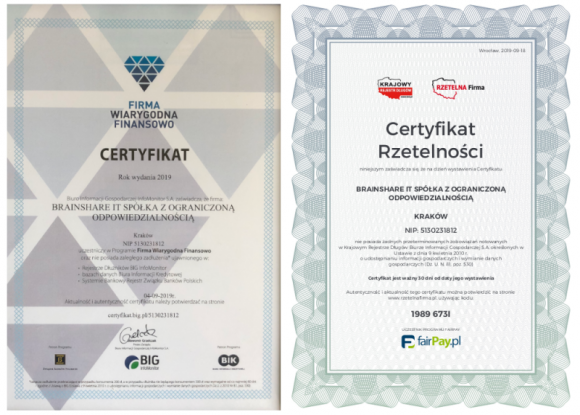 BrainSHARE IT z certyfikatem Rzetelnej Firmy i Firmy Wiarygodnej Finansowo BIZNES, IT i technologie - BrainSHARE IT, producent platformy SaldeoSMART wspierającej nowoczesną księgowość, zdobył certyfikaty Rzetelnej Firmy oraz Firmy Wiarygodnej Finansowo.