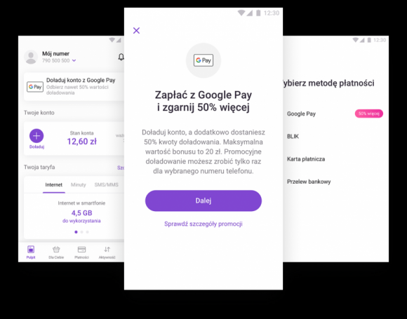 Doładuj konto w aplikacji Play24 z Google Pay i odbierz bonus od Play LIFESTYLE, IT i technologie - Operator Play przy współpracy z Google Pay przygotował prostą promocję, dzięki której można w łatwy sposób zyskać 50% kwoty doładowania przy zasileniu do 40 PLN, lub dodatkowe 20 PLN przy doładowaniach powyżej tej kwoty.