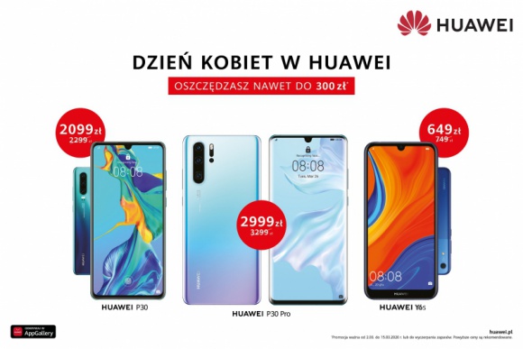 Huawei P30 Pro w wersji 256 GB, P30 i Y6s w nowych cenach na Dzień Kobiet LIFESTYLE, IT i technologie - Huawei przygotował atrakcyjną ofertę z okazji Dnia Kobiet. Smartfon Huawei P30 Pro w wersji 256 GB można teraz kupić w cenie 2 999 zł, Huawei P30 za 2 099 zł, a Huawei Y6s – 649 zł. Promocja potrwa do 15 marca lub do wyczerpania zapasów.