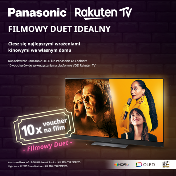 Kup telewizor Panasonic i odbierz vouchery na filmy w aplikacji VOD Rakuten TV BIZNES, IT i technologie - W ramach akcji „Filmowy duet” przy zakupie wybranego modelu telewizora Panasonic można odebrać 10 voucherów dających dostęp do bezpłatnego oglądania filmów w aplikacji VOD Rakuten TV.